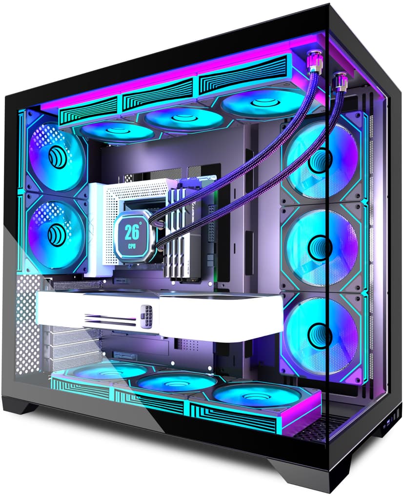 ANSAITE ATX PC Case 9 x 120 mm ARGB PWM Fan Pre-Installed Mid-Tower Gaming PC Case, Panoramic Tempered Glass Black Computer Case with Type C, 360 mm Radiator Support, H-D9 - 1