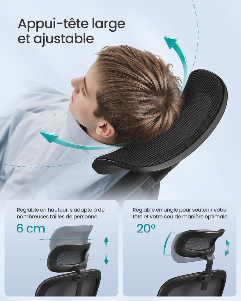 SONGMICS Chaise de Bureau, Chaise Ergonomique, avec Tissu en Maille Respirant à Double Couche, Soutien Lombaire Adaptatif, Appui-Tête Réglable, pour Bureau à Domicile, Noir d’Encre OBN041B01 - 8