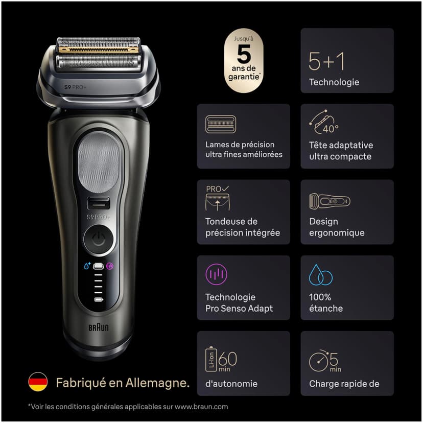 Braun Rasoir Electrique Homme Series 9+ PRO 9665CCE Graphite, Etanche, Lames De Précision Ultra-Fines Et Tondeuse Pro Trimmer Pour Bien Raser La Barbe, Coffret Rasage Avec Station De Nettoyage - 8