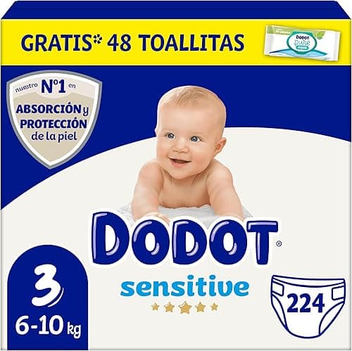 Dodot Sensitive Baby Diapers Size 3 (6-10 kg), 224 Diapers + 1 Pack of 48 Free Wipes, Optimal Dodot Skin Protection, Monthly Pack, 224 Count (Pack of 1)
