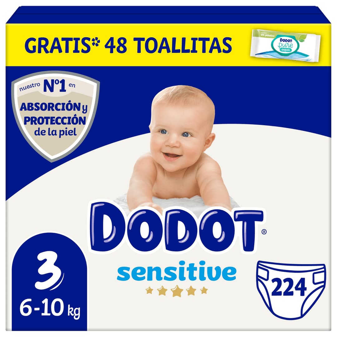 Dodot Sensitive Baby Diapers Size 3 (6-10 kg), 224 Diapers + 1 Pack of 48 Free Wipes, Optimal Dodot Skin Protection, Monthly Pack, 224 Count (Pack of 1)