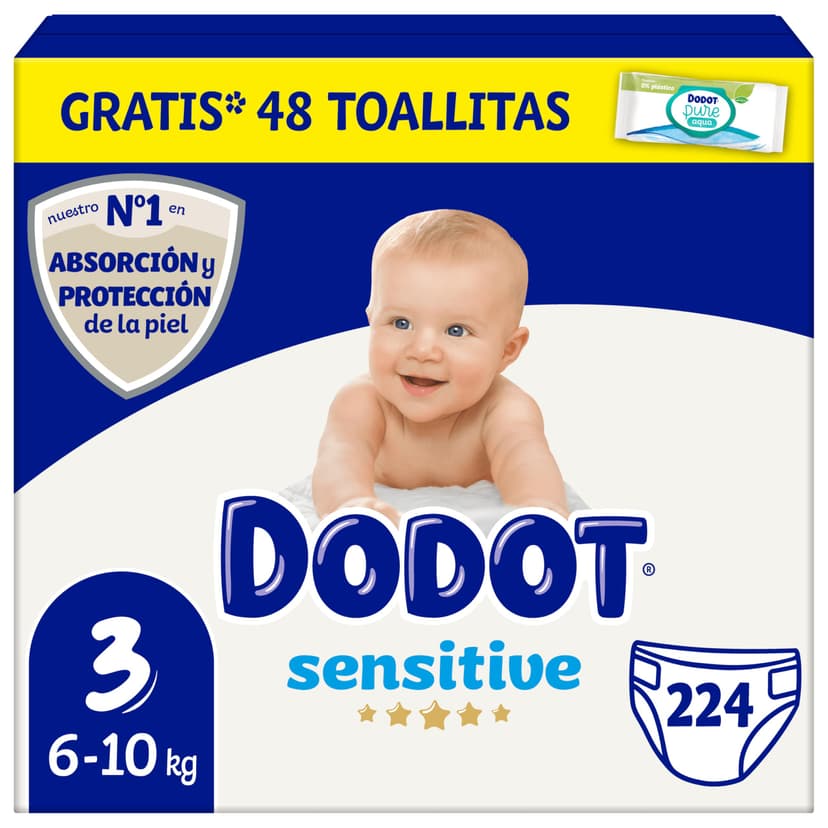Dodot Sensitive Baby Diapers Size 3 (6-10 kg), 224 Diapers + 1 Pack of 48 Free Wipes, Optimal Dodot Skin Protection, Monthly Pack, 224 Count (Pack of 1) - 1