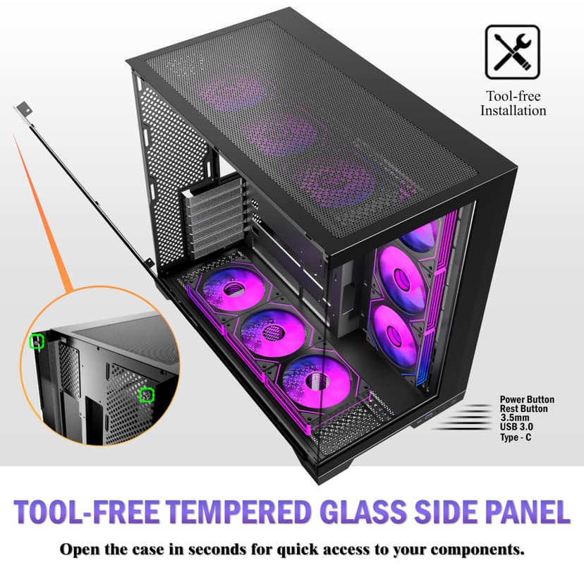 ANSAITE ATX PC Case 9 x 120 mm ARGB PWM Fan Pre-Installed Mid-Tower Gaming PC Case, Panoramic Tempered Glass Black Computer Case with Type C, 360 mm Radiator Support, H-D9 - 3
