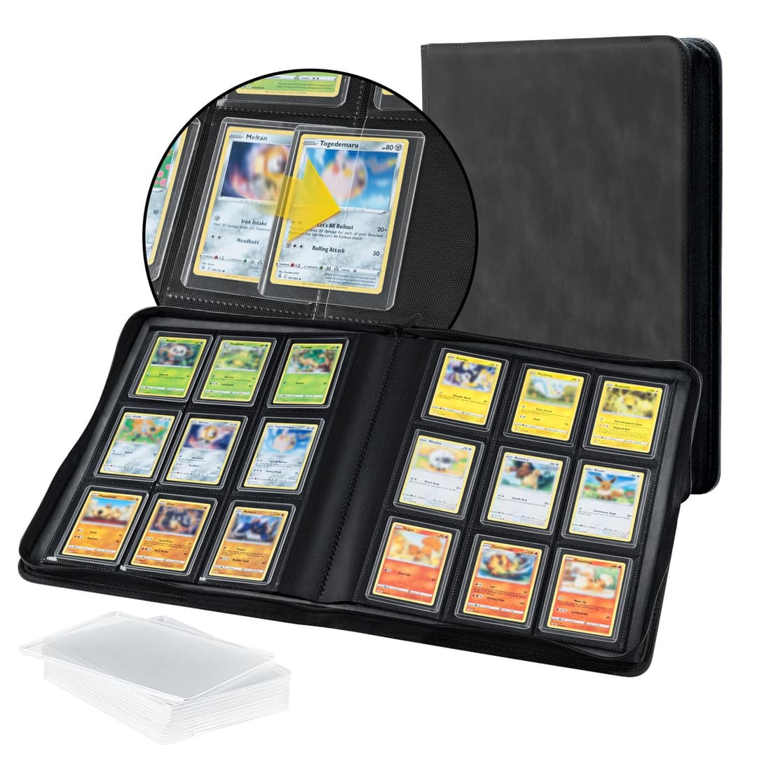 Tolesum Toploader Trading Card Album 216 Toploader, 9 Compartments, with 10 Pieces, 35PT Toploader (7.5 x 10.2 cm), Ring Binder for TCG, MTG Cards, Trade Albums - Black