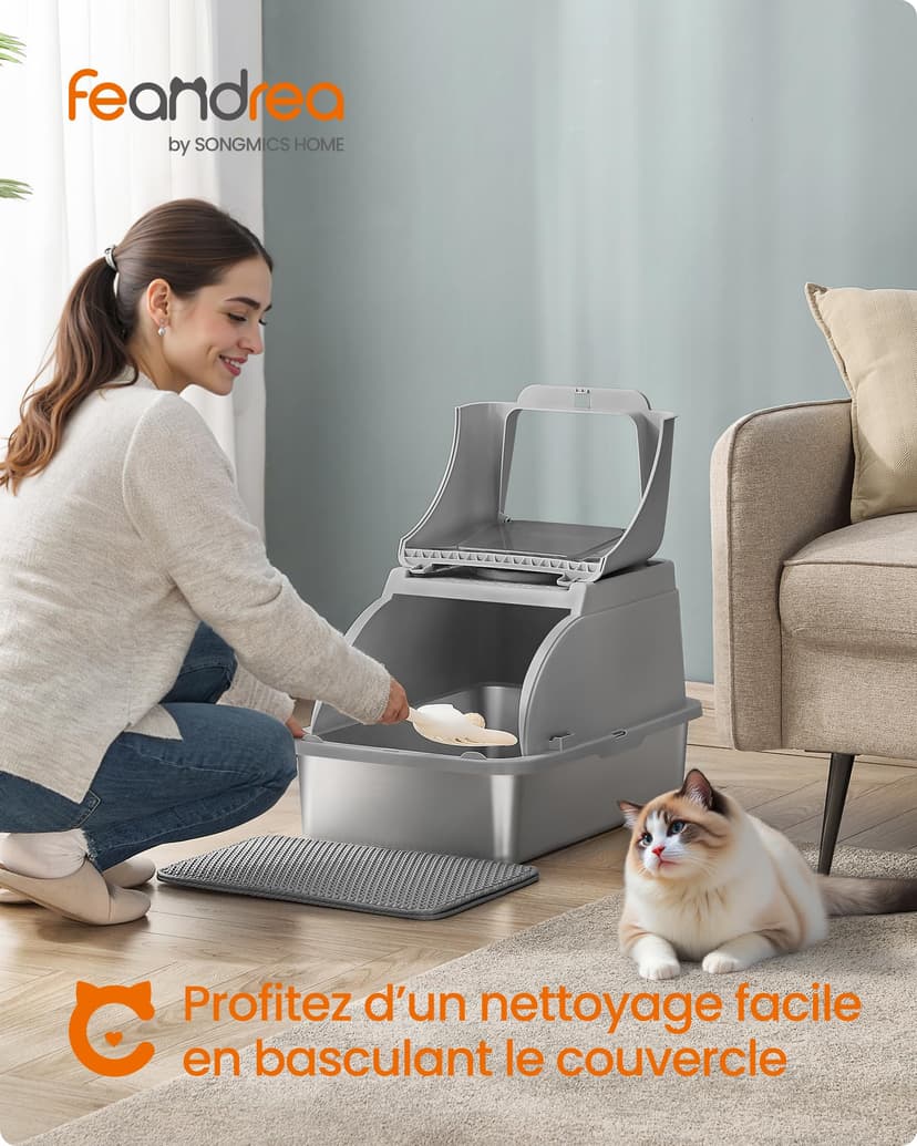 Feandrea Stainless Steel Cat Litter Box with Flip Lid, XL Enclosed Litter Box with Leak-Proof Design, Scoop, Brush, Dual Entry, for Cats up to 15 kg, Dove Grey PPT005G01 - 2