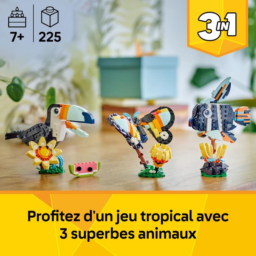 LEGO Creator 3-en-1 Animaux Sauvages : Le Toucan Tropical - Oiseau avec Fleur - Jouet Animal Transformable en Figurine de Papillon ou de Poisson Tropical - Cadeau Original Fille ou Garçon 7 Ans 31173 - 2