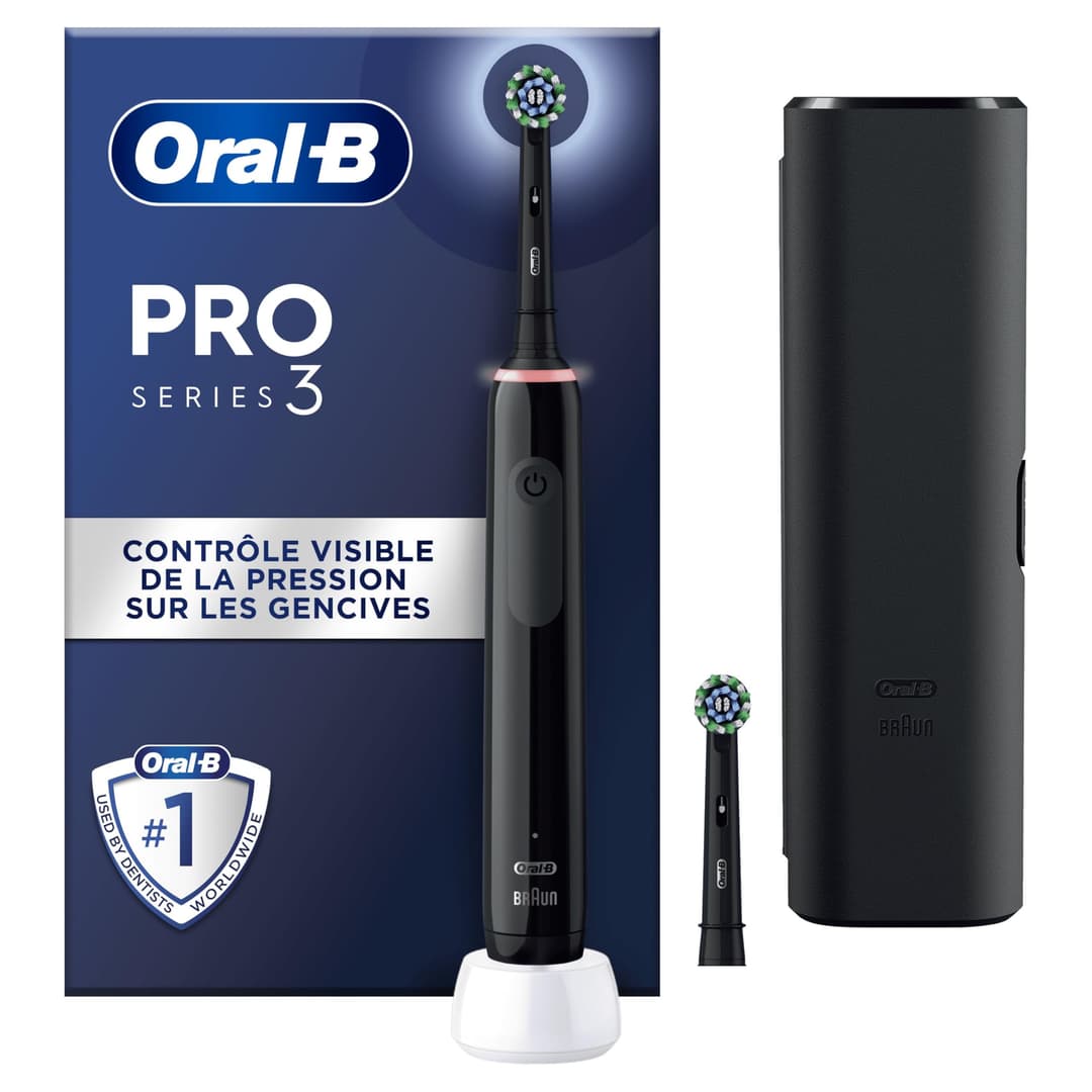 Oral-B PRO 3 3500 Electric Toothbrush/Electric Toothbrush, 2 Replacement Brushes, with 3 Cleaning Modes and Visual 360° Pressure Control for Dental Care, Travel Case, Gift Man/Women, Black