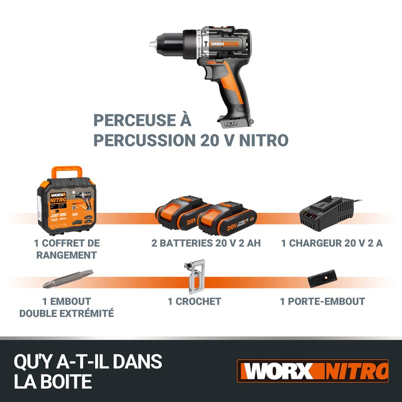 Worx WX352 20V 2.0Ah 2 Bat Brushless Hammer Drill - 9