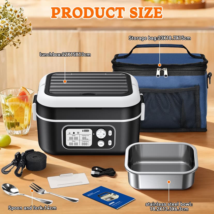 Electric Lunch Box 100 W, Electric Lunch Box 1.5 L Heat Box Insulated Heat Box Automatic Heating Function with Insulated Bag, Fork & Spoon and Removable Divider Plate - 2