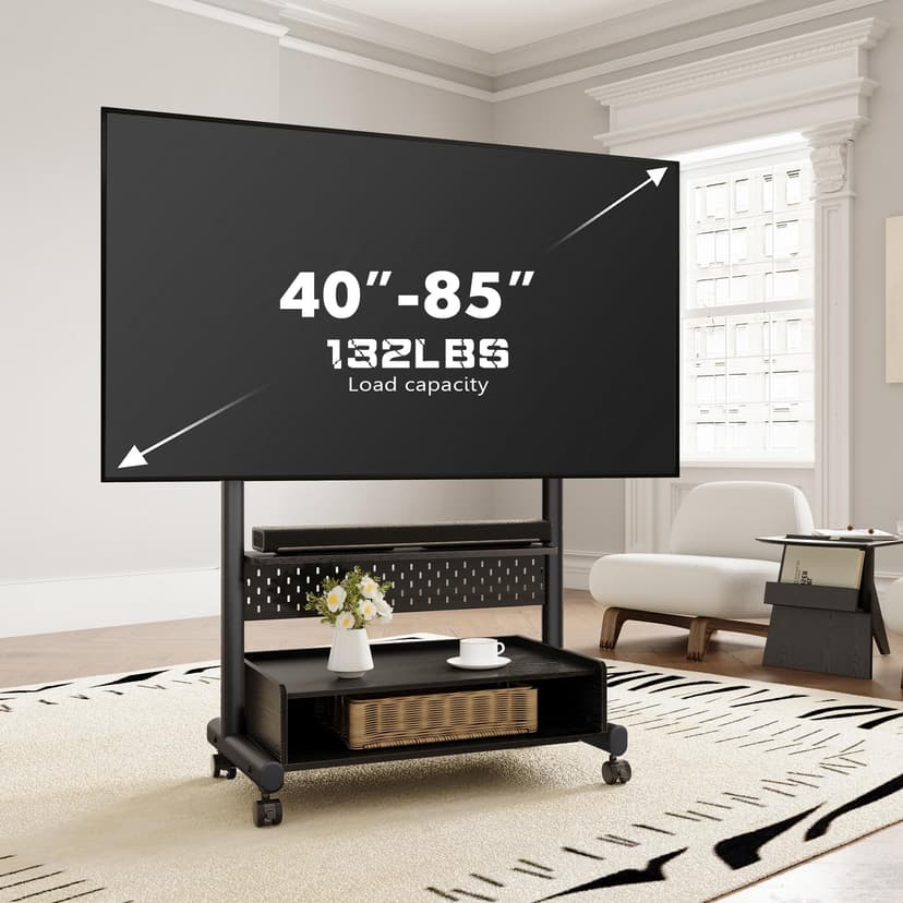 FITUEYES TV Floor Stand on Wheels for 40-85" Screens, Rolling TV Stand Cart with Peg Board, Height Adjustable, Lockable Casters & Storage Cabinet Holds 60kgs, Black, K Series - 3
