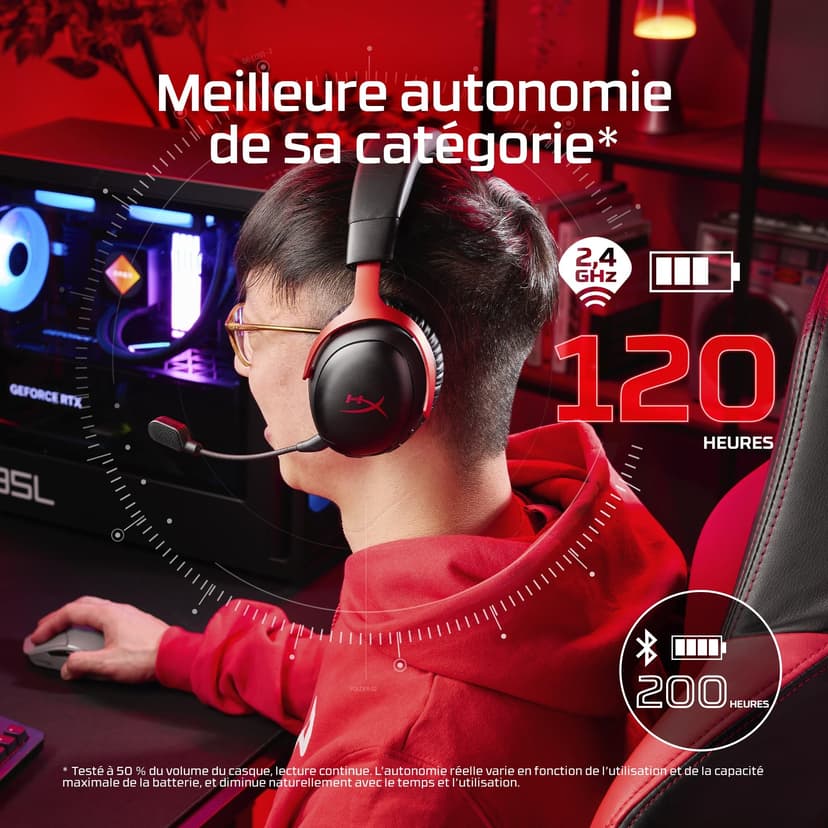 HyperX Cloud III S – Casque de Jeu sans Fil, multiplateforme, 2,4 GHz, Bluetooth, autonomie Jusqu’à 120 Heures, 2,4 GHz, transducteurs inclinés de 53 mm, Microphone détachable de 10 mm – Noir-Rouge - 3