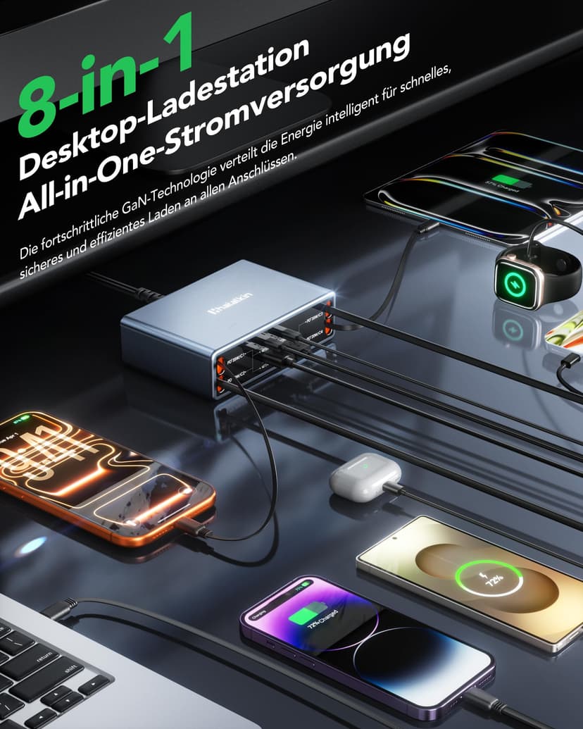 HATALKIN Multi Charger USB C 105W 4 Retractable Charging Station, 4 Ports GAN Chargers and Adapters, for iPhone 17/17 Pro/16/15/14/13, iPad, MacBook Air Series/Samsung Galaxy Tab S8 Series - 2