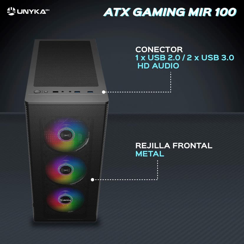 UNYKAch ATX MIR 100 Gaming Computer Case Large Size with 4 ARGB Fans, 1 USB 2.0 and 3 USB 3.0 - 6