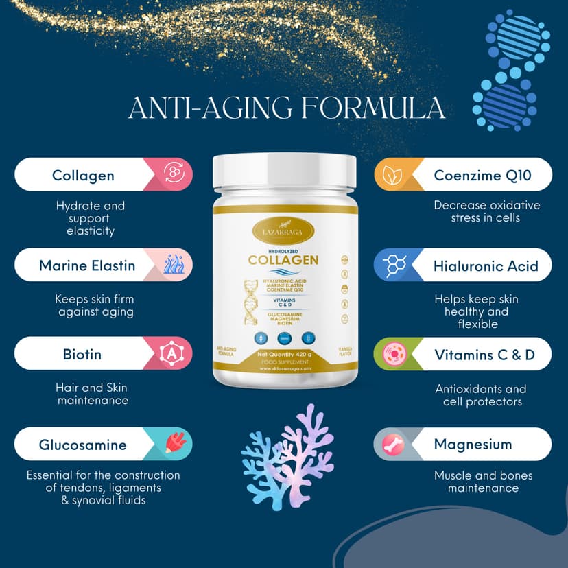 COLLAGÈNE HYDROLYSÉ COMPLEX 9 EN 1 | Élastine marine + Acide hyaluronique + Coenzyme Q10 + Glucosamine + Biotine + Vitamines C & D + Magnésium | Pour les articulations et la peau | 420g goût vanille | - 2
