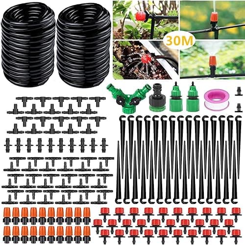 Drip Irrigation System 30M DIY Auto Drip Irrigation Kit,100FT Irrigation Pipe, Irrigation Sprinklers, Drip Watering System Garden Plant Watering Devices for Flower Bed, Patio, Garden Greenhouse Plants
