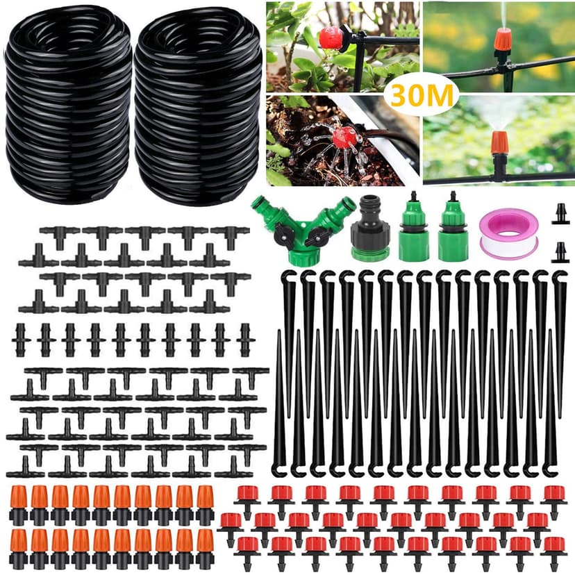 Drip Irrigation System 30M DIY Auto Drip Irrigation Kit,100FT Irrigation Pipe, Irrigation Sprinklers, Drip Watering System Garden Plant Watering Devices for Flower Bed, Patio, Garden Greenhouse Plants - 1