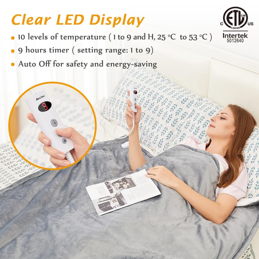 Mia&Coco Electric Heated Blanket Throw Flannel Sherpa Fast Heating 120x160cm, 10 Heat Levels & Up-to-9-Hours Auto-Off Timer & LED Display, for Home Office Use, Machine Washable, ETL Certified, Gray - 3