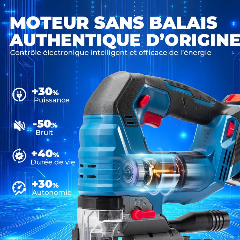 Dong Cheng Scie Sauteuse Sans Fil 18V Sans Balais, Scie Sabre Pendulaire course de 26 mm, 6 Vitesses, Coupe Biseau 0-45°, Double LED & Souffleur - Avec Batterie 4Ah, 6 Lames, Chargeur et Caisse Pro - 2