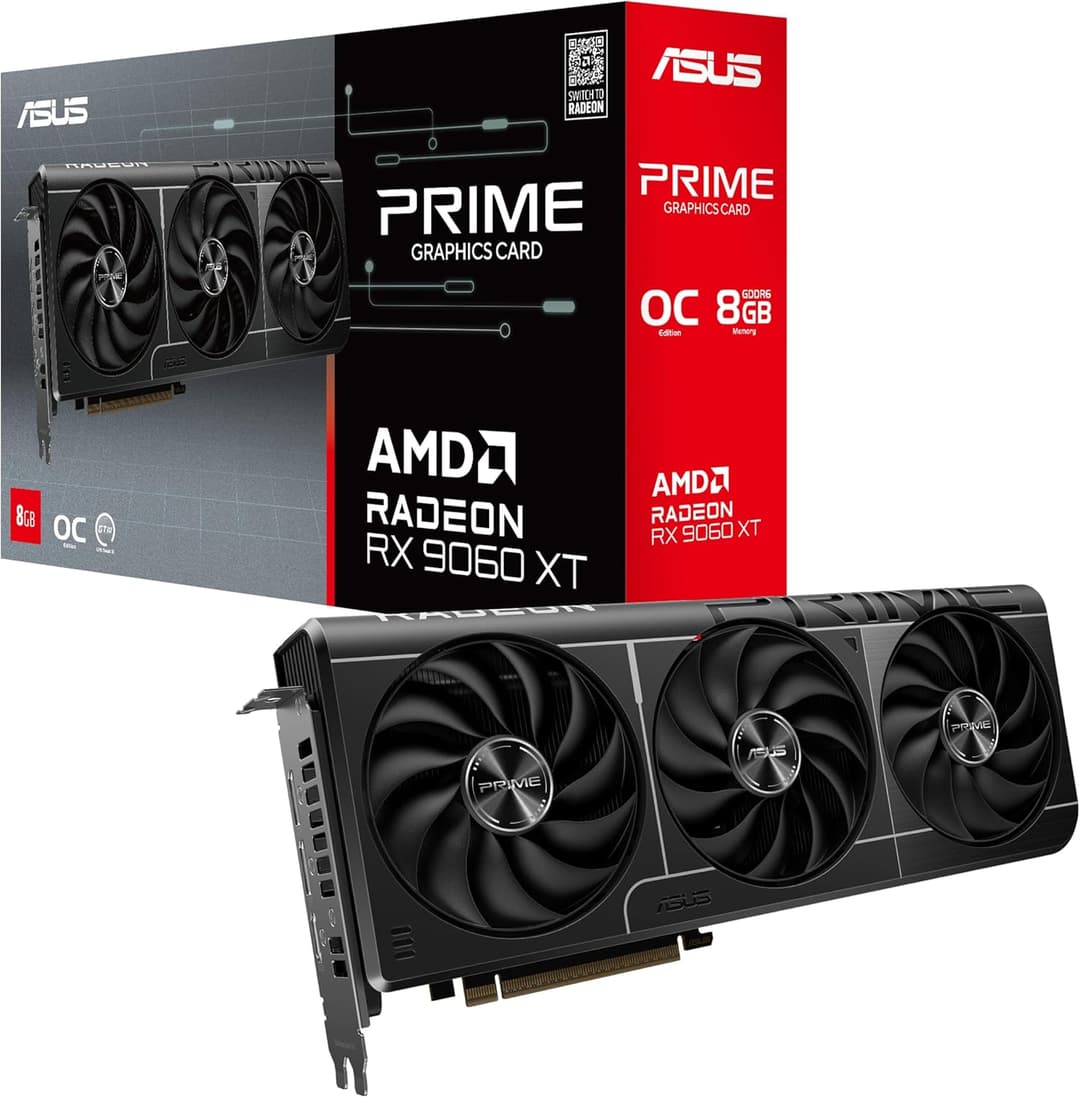ASUS PRIME RX9060 XT OC, PCIe5, 8GB DDR6, HDMI, 2 DP, 3330MHz Clock, Overclocked, Compact SFF-Ready