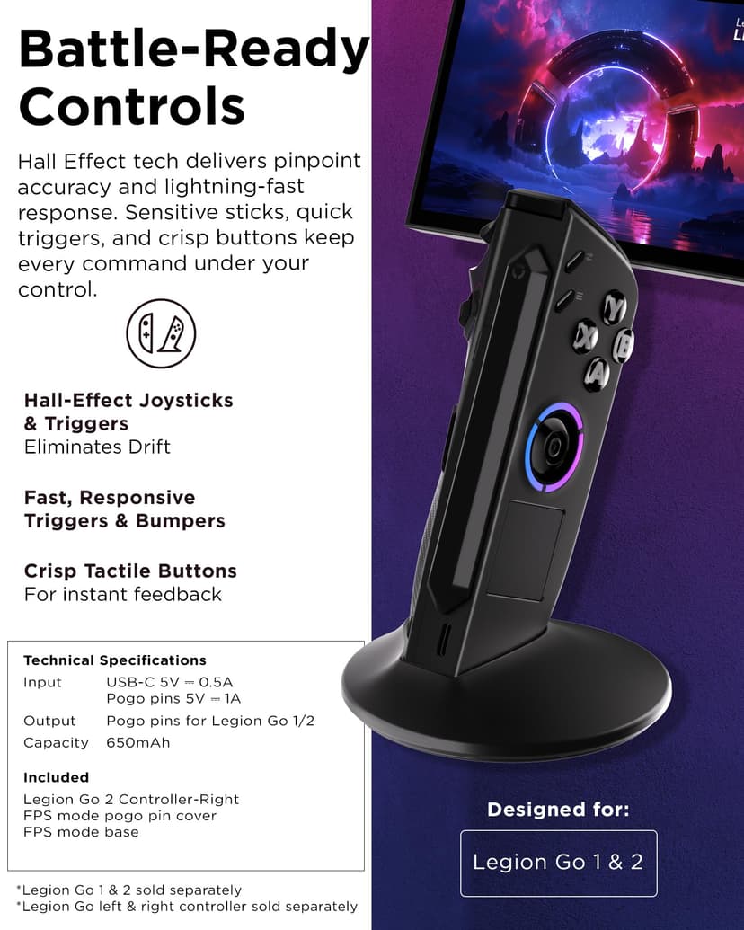 Lenovo Legion Go 2 Right Controller, Works with Legion Go 1 & 2, Hall Effect Joystick and Triggers, 10m Range, Black - 3