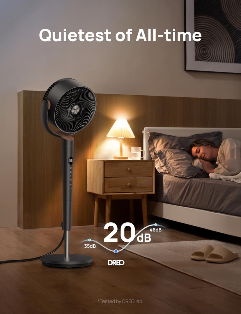 Dreo Fan for Bedroom, 120° Oscillating Standing Pedestal Fan, DC Motor, 80ft Air Circulator for Whole Room, 8 Speeds, 3 modes, 120° Manual Vertical Tilt, Quiet, 23dB, 35-40" Adjustable Height, Timer - 6