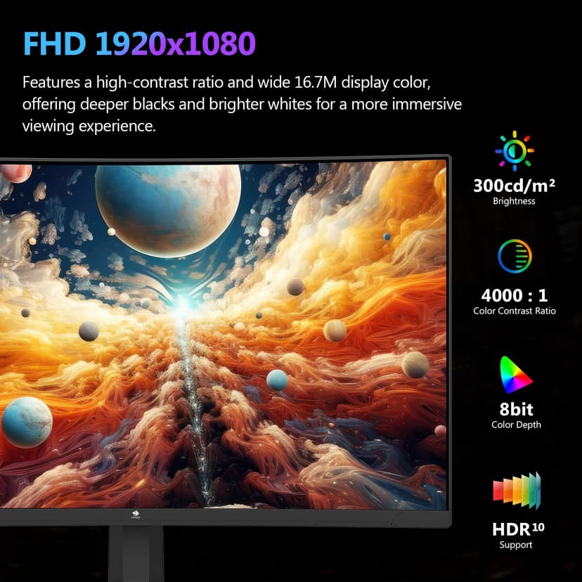 Z-Edge Ecran Pc Gamer Incurvé 27'' 300Hz (DP1.4 * 2), 1ms MPRT, FreeSync, FHD, 240Hz (HDMI2.0 * 2), Moniteur Gaming LED 16:9, Inclinaison Réglable, 1500R VA, 4000:1, VESA 100 * 100mm(DP Câble Inclus) - 6