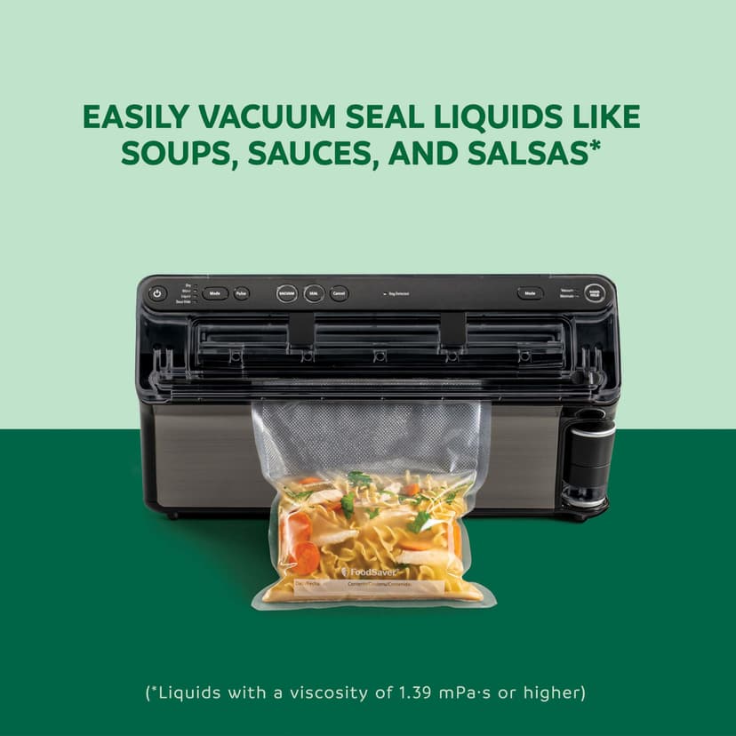 FoodSaver Scelleuse Elite Tout-en-un Liquide+ | Des aliments frais jusqu’à 5x plus longtemps* | Scellage liquide | Avec 1x rouleau (28 cm x 2,43 m) & 4 x Sacs de scellage sous vide (0,94 l & 3,78 l) - 2
