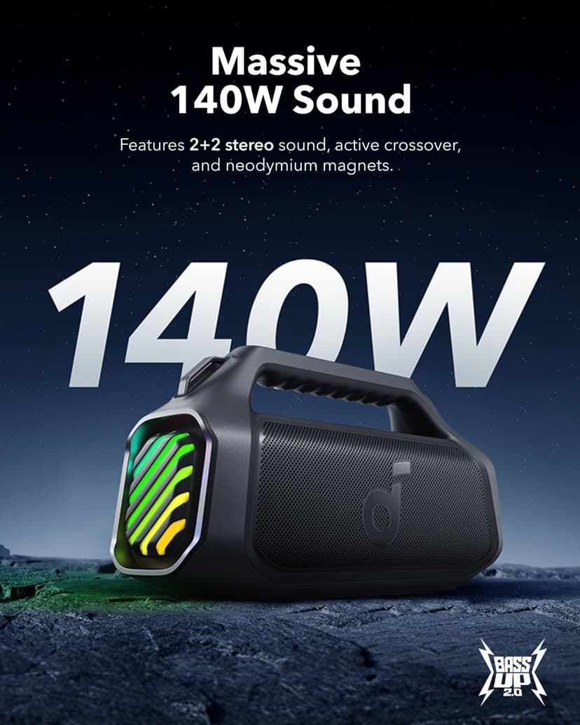 soundcore Anker Boom 2 Plus Outdoor Speaker, Bluetooth Speaker with 140W, 2+2 Channel, BassUp 2.0, 20H, Fast Charge, IPX7 Waterproof, RGB Lights, USB-C, Power Bank, for Camping, Beach, Garden - 3