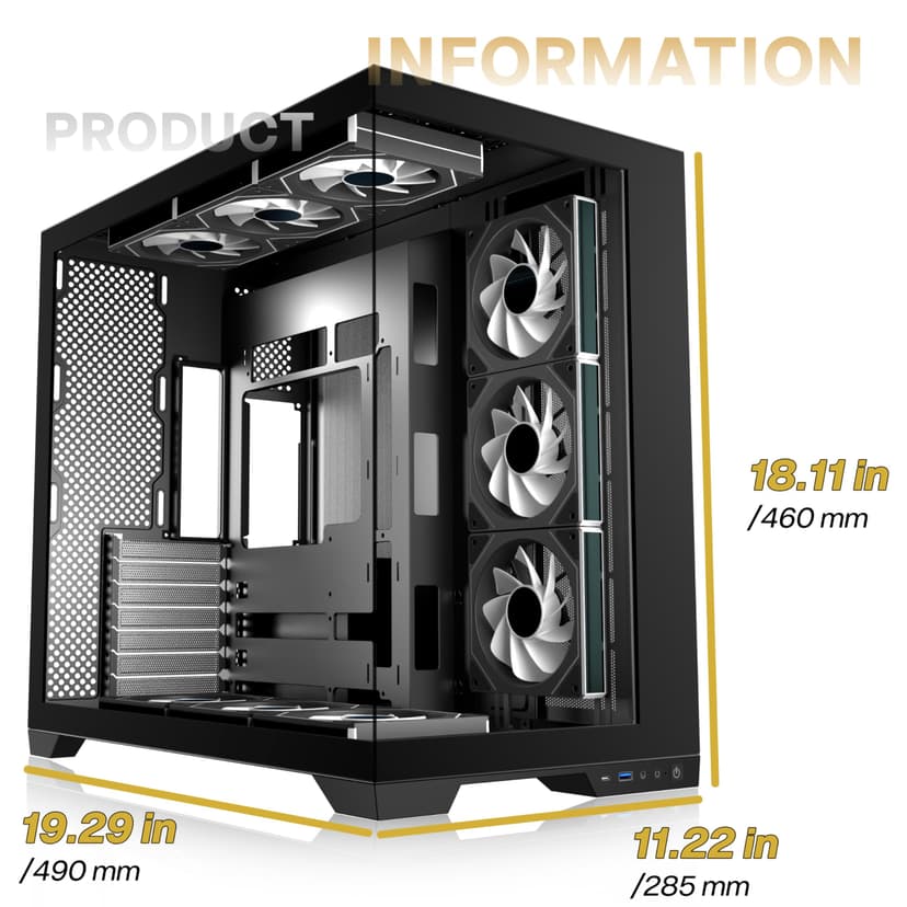 ANSAITE ATX PC Case 9 x 120 mm ARGB PWM Fan Pre-Installed Mid-Tower Gaming PC Case, Panoramic Tempered Glass Black Computer Case with Type C, 360 mm Radiator Support, H-D9 - 7