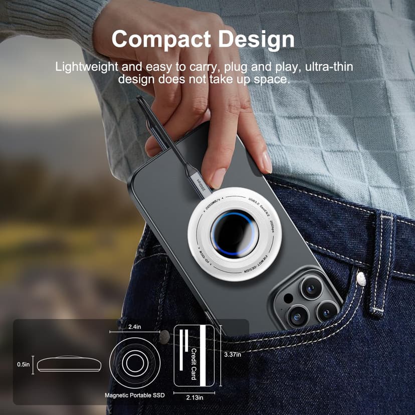 FP108 2TB Magnetic Portable SSD, External Solid State Drives with PD-100W and 2050MB/s USB-C 3.2 Gen 2x2, Play While Charging, Compatible with iPhone 16/15 Pro Max, Android, PC, Mac, Switch Lite - 3