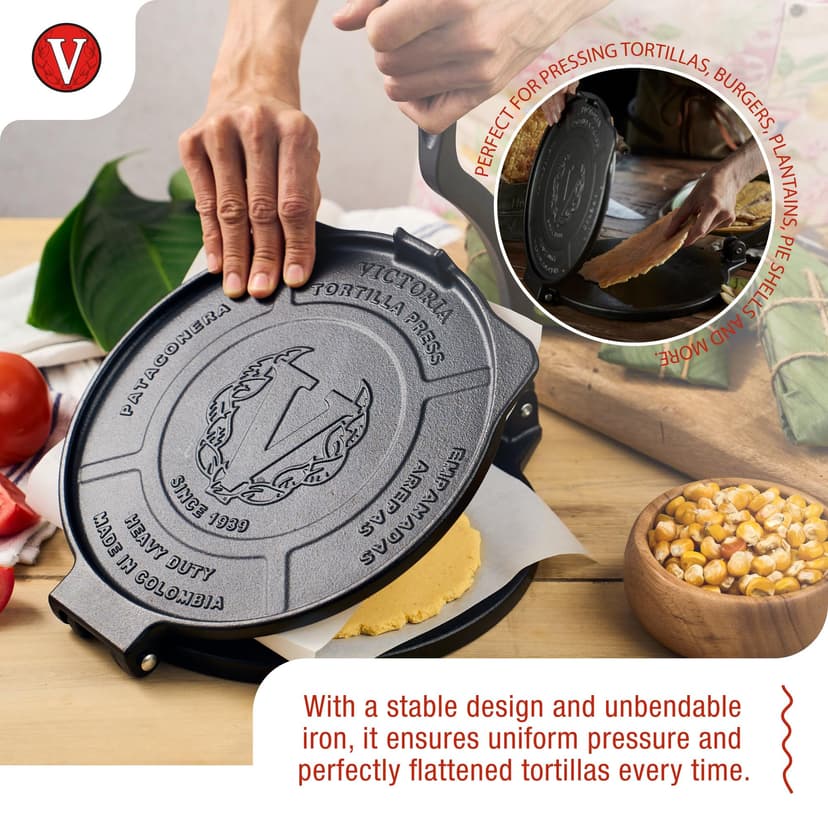 VICTORIA Tortilla Press for Mexican Tortillas Cast Iron HD Pre-seasoned 20 cm, Professional Colombian Pataconera for Making Tacos, Arepas, Quesadillas, Empanadas, Patacones, Roti Maker - 3