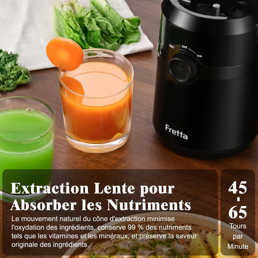 FRETTA Juice Extractor, Cold Juicer with 108 mm for Whole Fruits and Vegetables, 1.0 L, 200 W Juice Extractor with Double Filter, Easy to Clean, BPA-Free, Black - 4