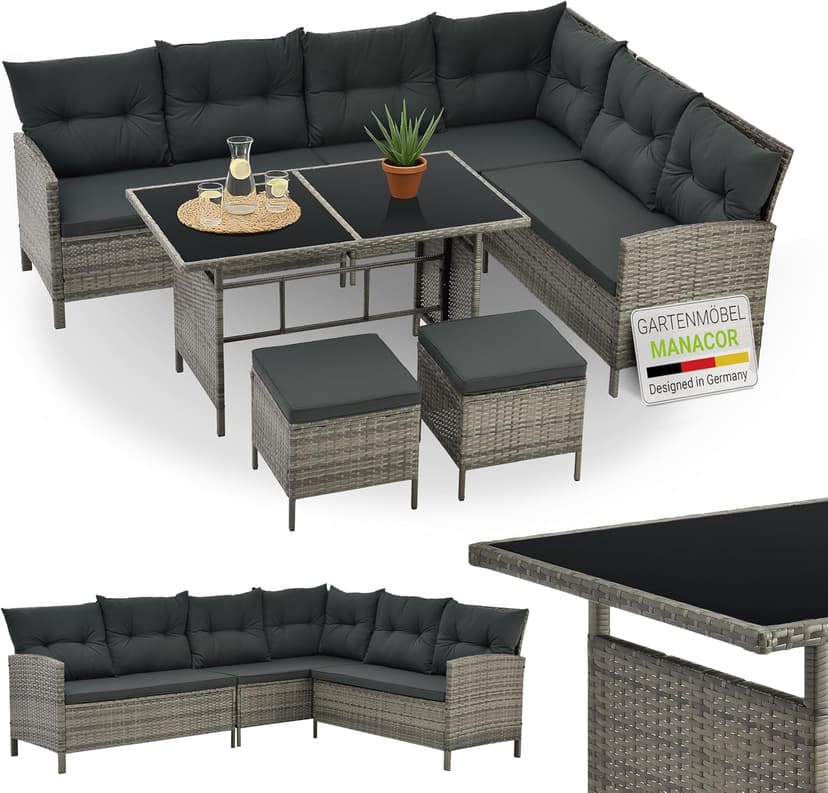 Juskys Manacor Grey Mottled Polyrattan Lounge - Garden Lounge with Sofa, Table, 2 Stools and Cushions - Garden Furniture Set for up to 7 People - Seat Covers in Grey - 1