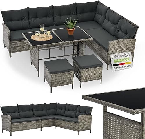 Juskys Salon de Jardin Lounge Manacor en polyrotin Gris moucheté - avec canapé, Table, 2 tabourets et Coussins - Ensemble de Meubles de Jardin jusqu'à 7 Personnes - Housses Grise