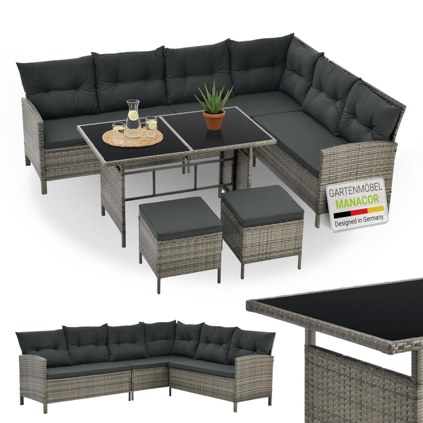 Juskys Salon de Jardin Lounge Manacor en polyrotin Gris moucheté - avec canapé, Table, 2 tabourets et Coussins - Ensemble de Meubles de Jardin jusqu'à 7 Personnes - Housses Grise - 1