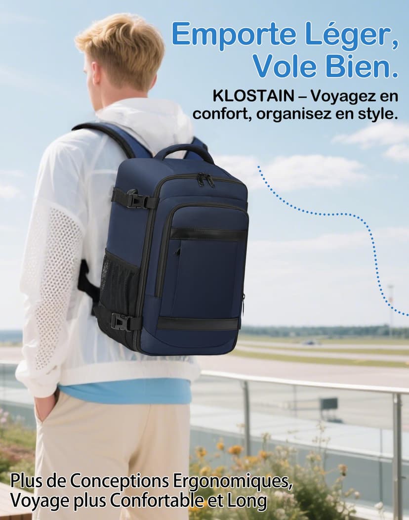 KLOSTAIN Sac à Dos Voyage Cabine Avion 45x36x20 pour Easyjet 30L Bagage Cabine Grande Bagage à Main sous Le Siège Sac à Dos Homme pour Ordinateur Portable 14 Noir - 6