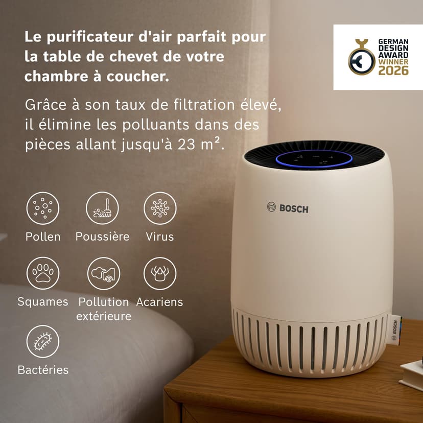 Bosch Air 1000 Purificateur d'air - Élimine les Polluants, Avec un Filtre à Air et un Mode Sommeil (< 25 dB(A)) - Pour jusqu'à 23 m² - Avec Mode Automatique - CADR : 100 m³/h - 2