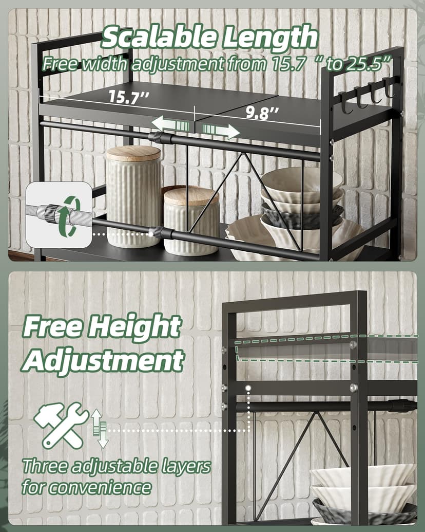 NETEL Erweiterbares Mikrowellen Regal 2-stufiges Mikrowellenständer Mikrowellenhalter Organizer küchenregal stehend für arbeitsplatte Bäckerregale mit 8 Haken - 4