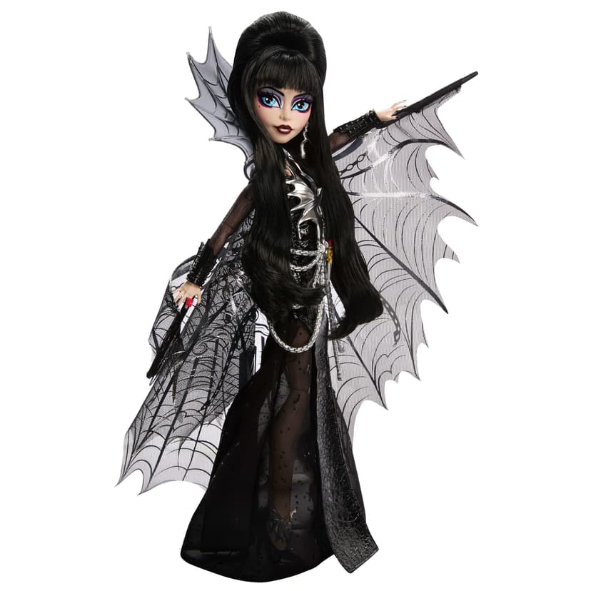 Monster High Elvira Maîtresse des ténèbres Poupée à Collectionner avec Robe en Similicuir Noir, Cape Chauve-Souris Scintillante et Accessoires Haut de Gamme, HYV99 - 7