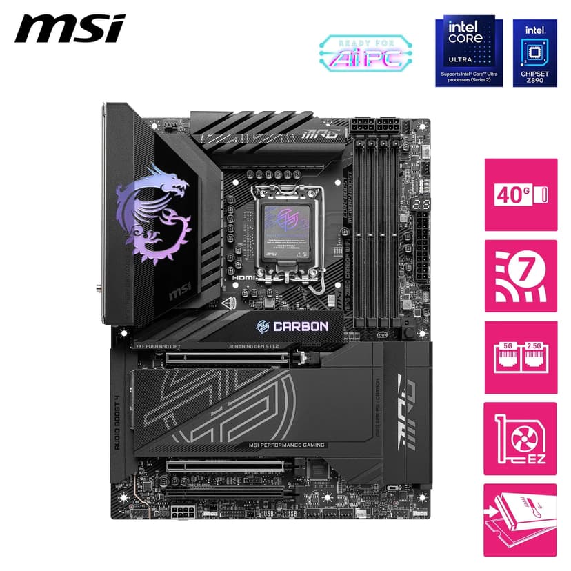 MSI MPG Z890 CARBON WIFI Motherboard, ATX - Supports Intel Core Ultra Processors (Series 2), LGA 1851-110A SPS VRM, DDR5 Memory Boost 9200+ MT/s (OC), PCIe 5.0 x16 & 4.0 x16, M.2 Gen5, Wi-Fi 7, 5G L - 2