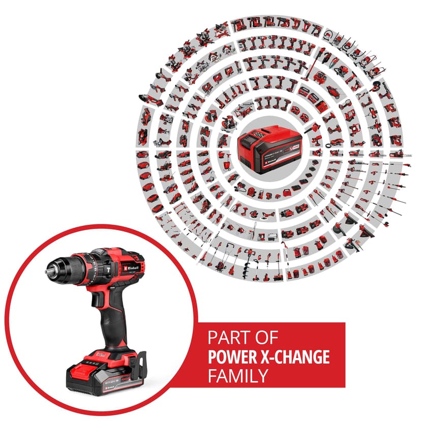 Einhell Perceuse-visseuse à percussion sans fil TE-CD 18/44 Li-i (1 x 2,5 Ah) Power X-Change (18 V, 44 Nm, perçage à percussion, mandrin métallique 13 mm, 2 vitesses, avec batterie 2,5 Ah et chargeur) - 2