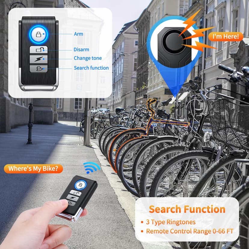 WSDCAM Wireless Bike Alarm with Remote, Rechargeable Bicycle Alarm System Anti Theft, IP65 Waterproof, 113dB Loud Bike Alarms for E-Bikes, Motorcycles, Scooter, Outdoor Riding and Cycling Safety - 5