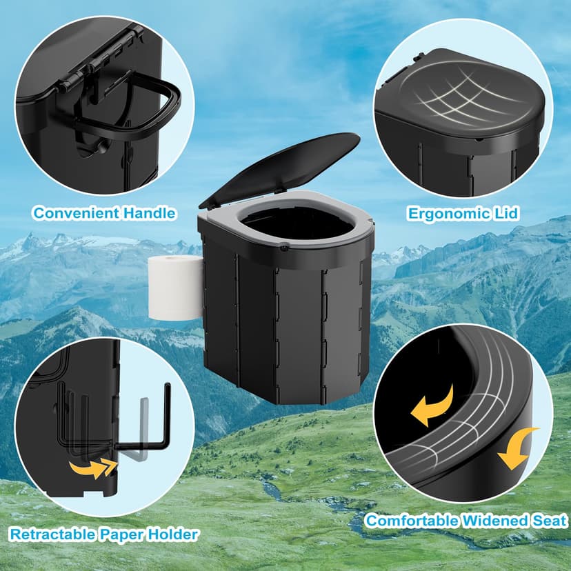 WADEO Portable Camping Toilet, Foldable Heavy Duty Travel Toilet for Adults, Sturdy 400lbs Capacity, Compact Car & Van Toilet with Lid & Bags for Camping, Hiking, Road Trips (Black + Seat Cushion) - 4