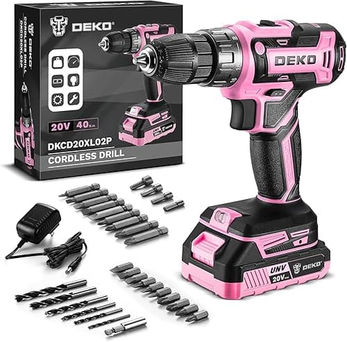 Power Drill Cordless: DEKOPRO Pink Cordless Drill 20V Electric Power Set Tool for Women Drills with Battery and Charger Drills Driver Kit