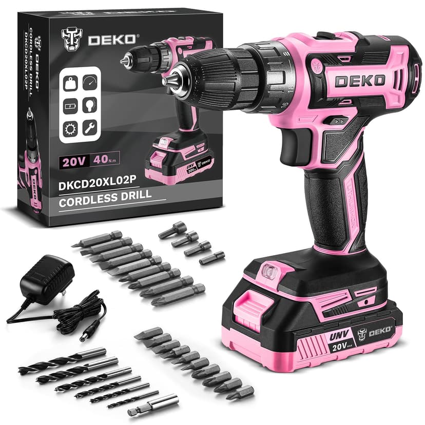 Power Drill Cordless: DEKOPRO Pink Cordless Drill 20V Electric Power Set Tool for Women Drills with Battery and Charger Drills Driver Kit - 1