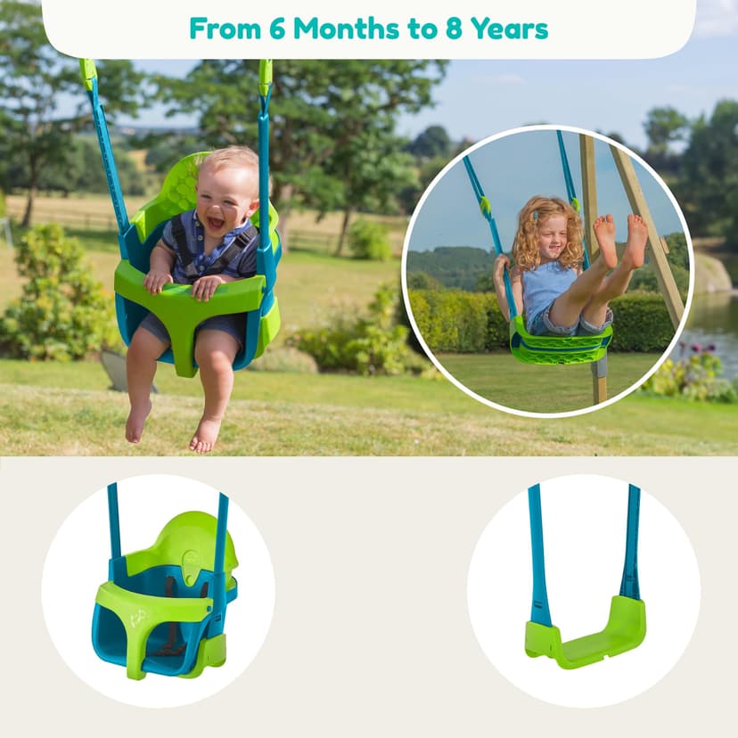 TP Toys Fauteuil Bébé Évolutif Quadpod 4 en 1 – Balançoire Bébé de 6 Mois à 8 Ans – Sangles d’Extension pour Portiques Hauts et Bas – Sécurisée et Confortable – Bleu/Vert - 7