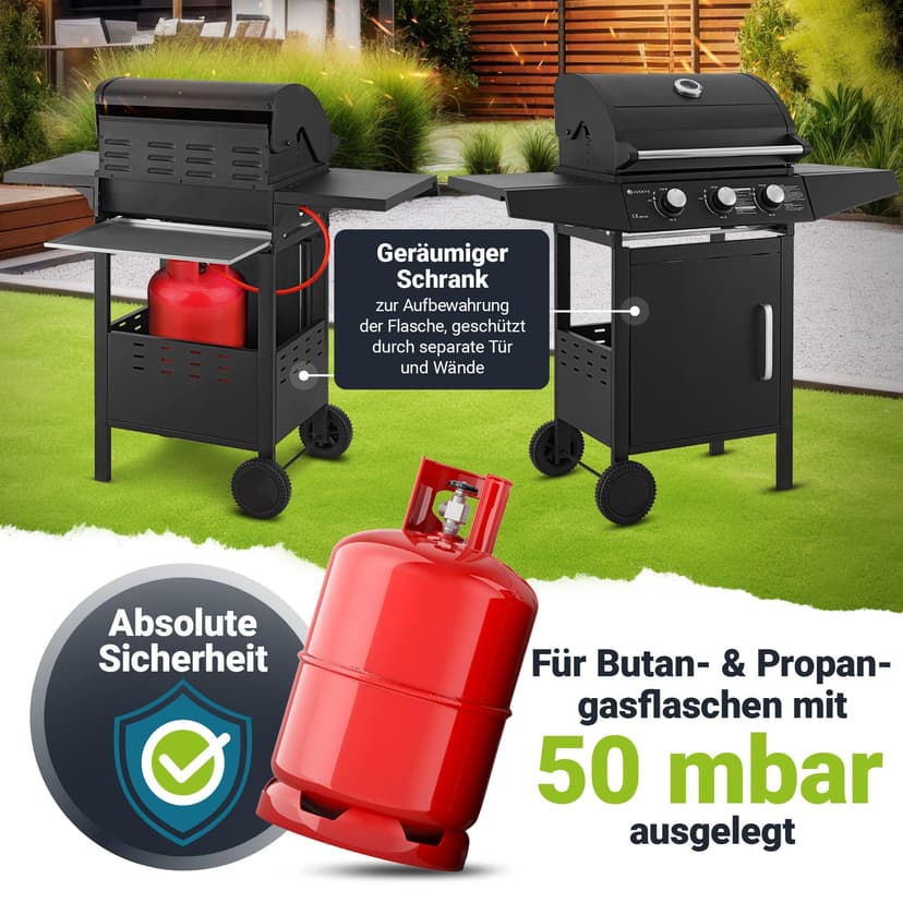 Juskys Barbecue à gaz Louisiana avec 3 brûleurs 8,1 kW, avec grille, couvercle – Grill avec thermomètre, chauffe-plat et tablettes latérales - 5