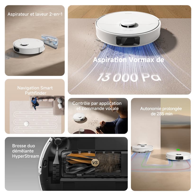 DREAME D20 Robot Aspirateur, 13 000 Pa, Brosse Duo pour Poils d'Animaux, Navigation Laser, Aspirateur et Laveur 2-en-1, Sols Durs et Tapis/Moquettes, Batterie 5 200 mAh, Application et Commande Vocale - 9