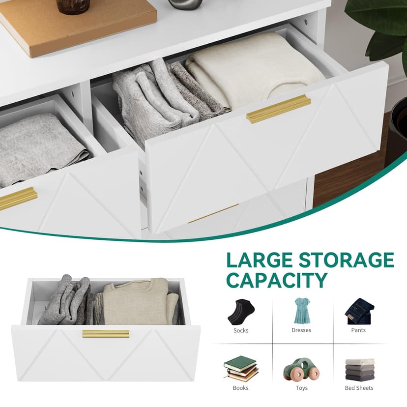 YITAHOME Chest of Drawers Bedroom, Contemporary 6 Drawer, Bedroom Furniture, Wide Chest of Drawers Wood, Bedroom Storage Unit, Sliding Drawers, Office Lounge Furniture Storage Cabinet, White - 4