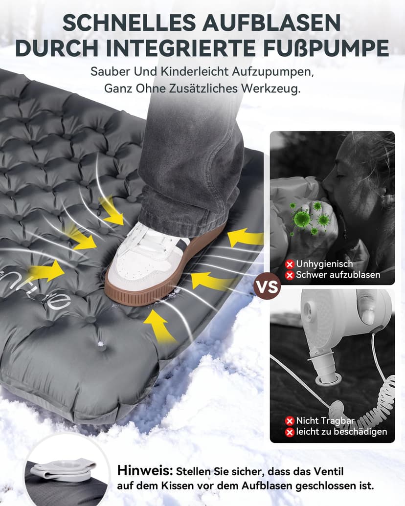 HIKENTURE 7.3 R-Value Camping Sleeping Mat, 10 cm Ultra Thick Sleeping Mat Ultralight with Foot Pump, Insulated Air Mattress, Small Pack Size for 4 Seasons, Inflatable Sleeping Mat for Outdoor, Hiking - 7